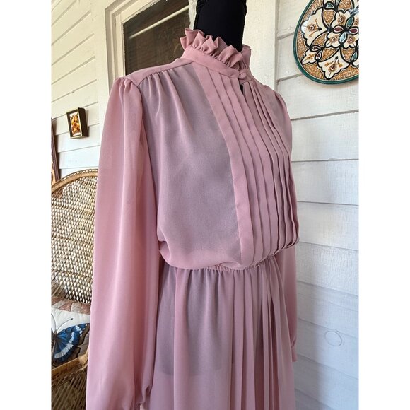 Vintage 70's Mauve Rose Maxi Dress Pleated Front Sheer Poly Chiffon Style Sz XL - Picture 14 of 16